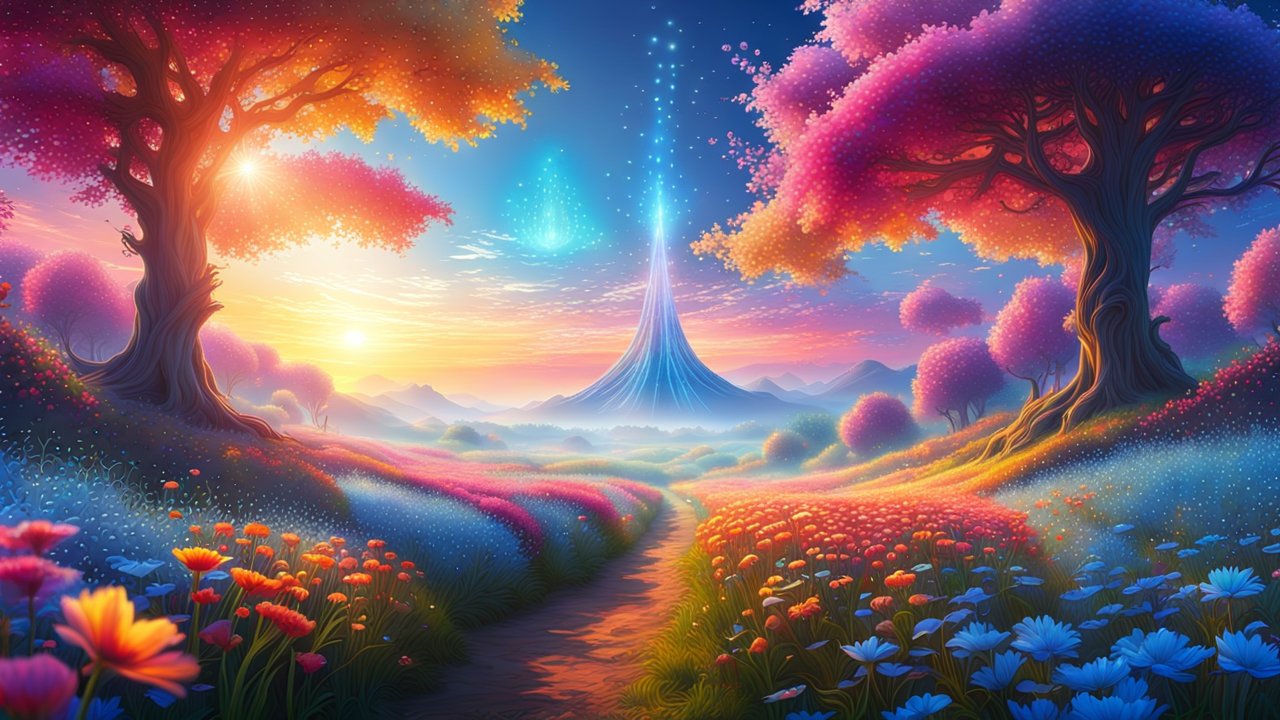 Ethereal Sunrise Over a Magical Flower Valley
