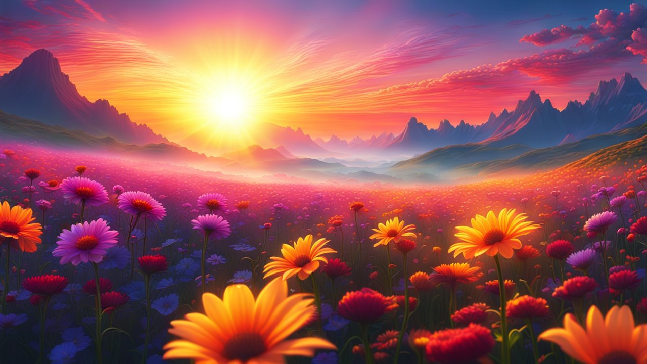 Ethereal Sunrise Over Vibrant Flower Field