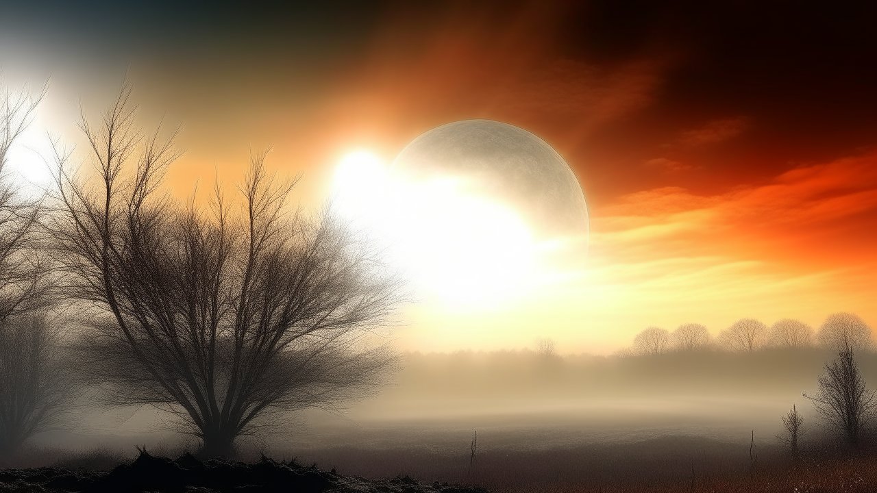 Ethereal Sunset with a Giant Moon Over Misty Landscape