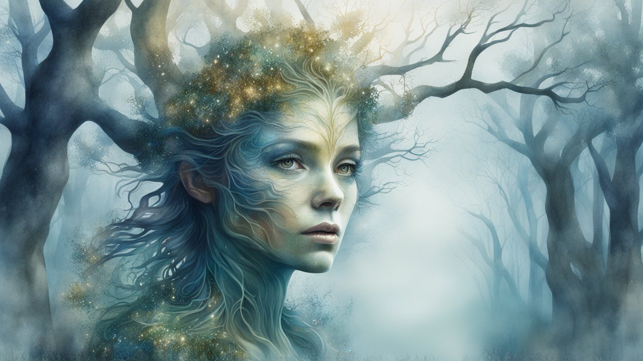 Ethereal Tree Woman in Misty Forest