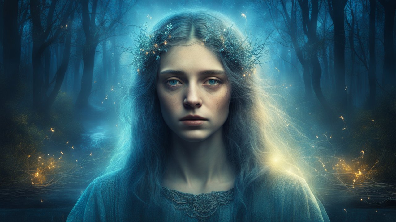 Ethereal Woman in Mystical Forest at Night