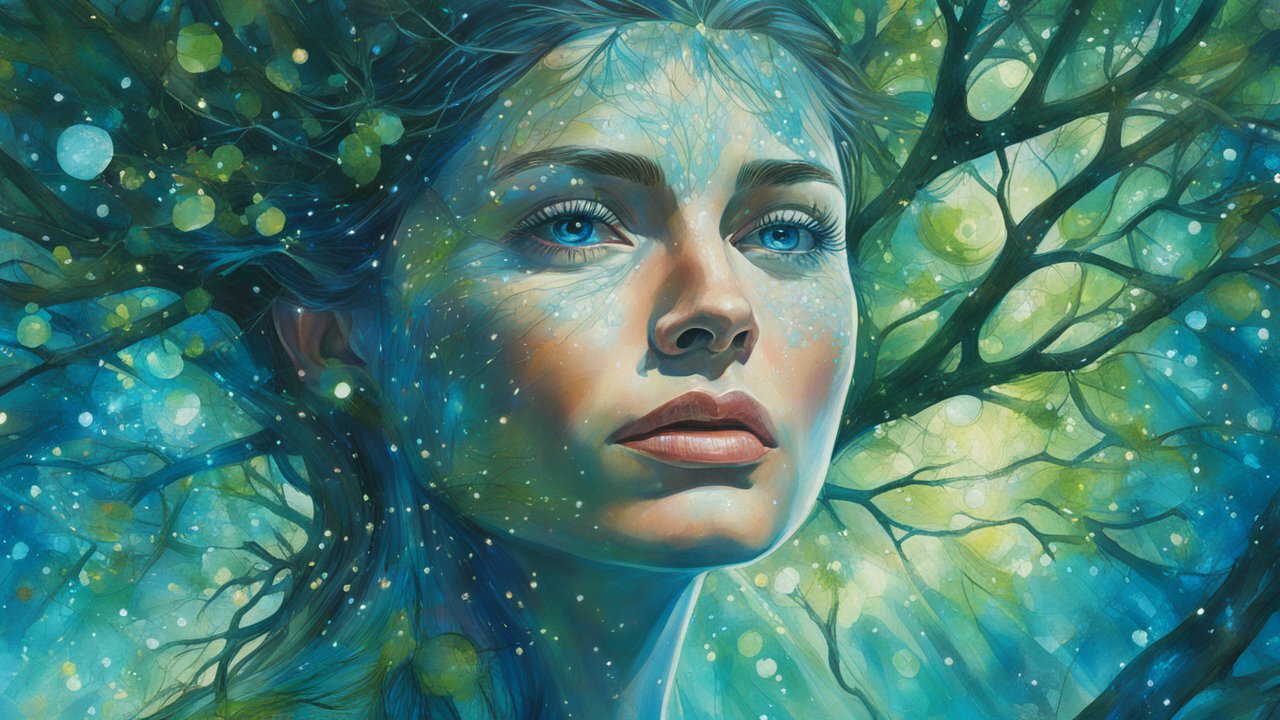 Ethereal Woman Merging with Tree in Mystical Glow