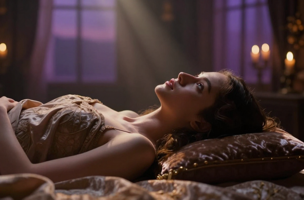 Ethereal Woman Reclining on Velvet Pillow in Candlelit Room