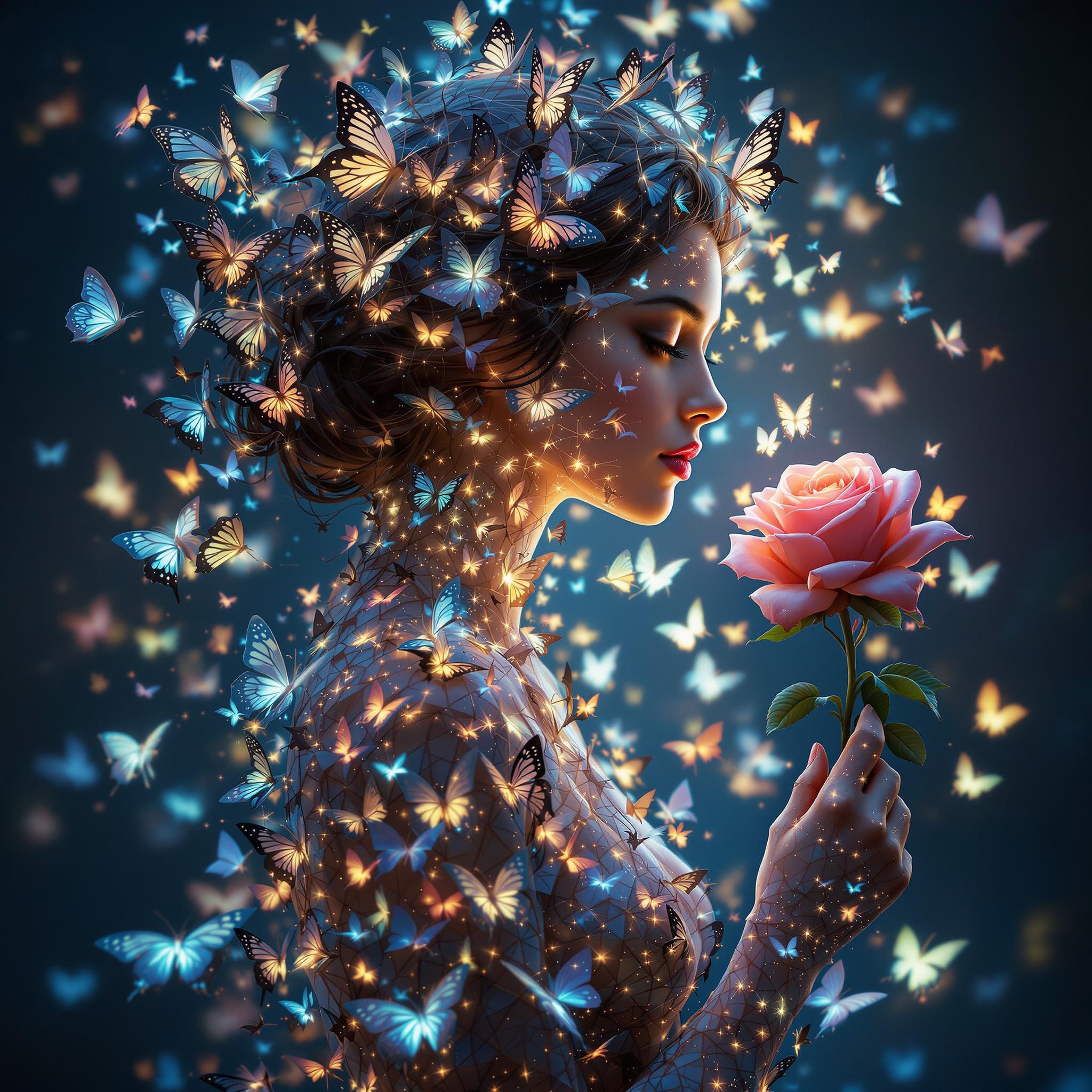 Ethereal Woman Surrounded by Glowing Butterflies Holding a Rose