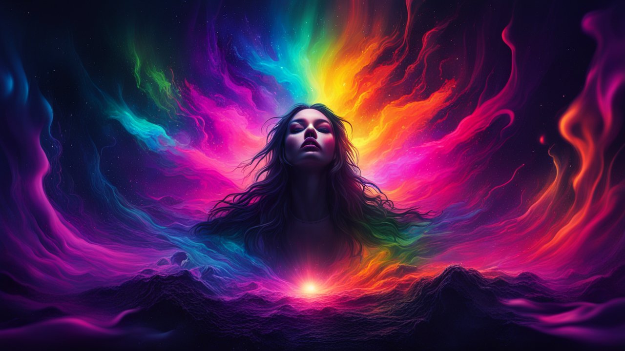 Ethereal Woman Surrounded by Vibrant Cosmic Colors