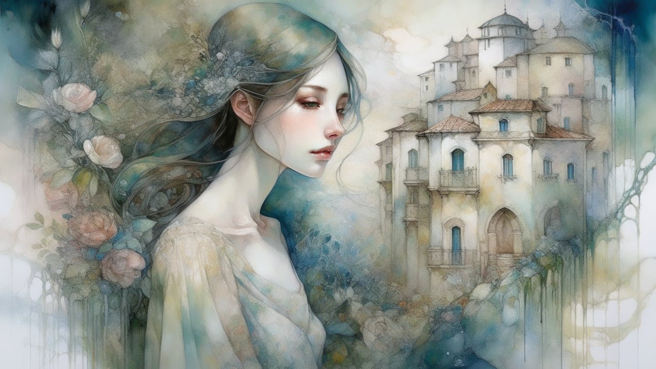 Ethereal Woman with Dreamlike Castle in Soft Watercolor