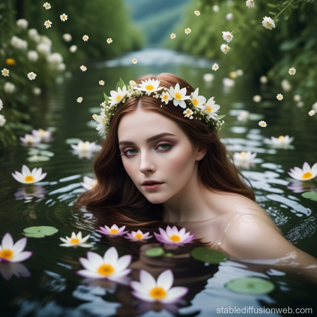Ethereal Woman with Floral Crown in Serene Water