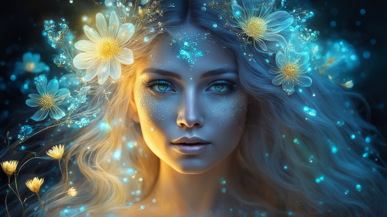 Ethereal Woman with Glowing Flowers and Magical Light
