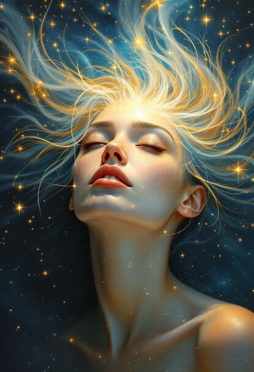 Ethereal Woman with Glowing Starry Hair