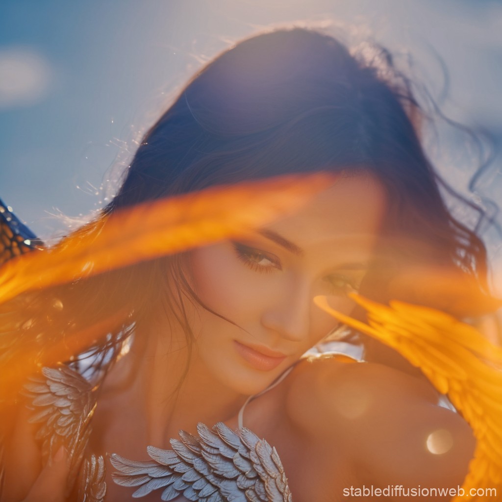 Ethereal Woman with Silver Feathered Wings in Soft Sunlight