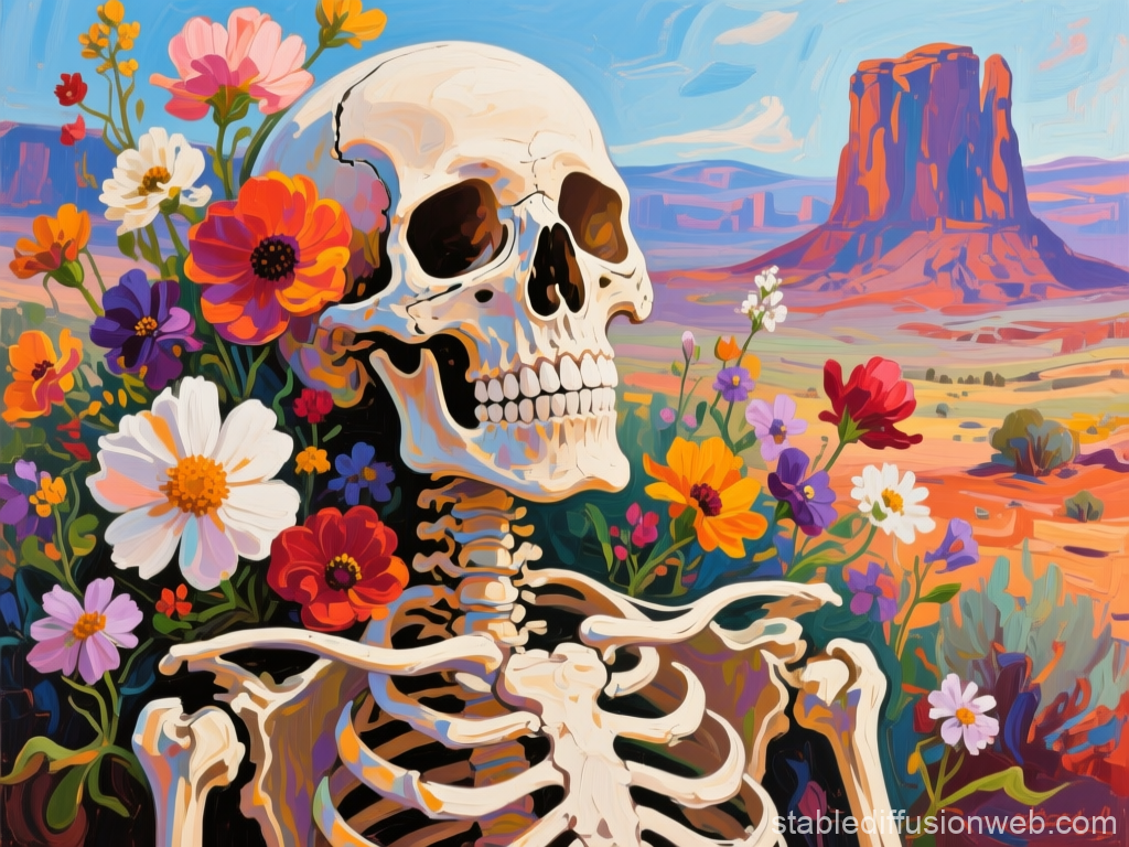 Euphoric Skeleton Surrounded by Vibrant Flowers in Desert Landscape