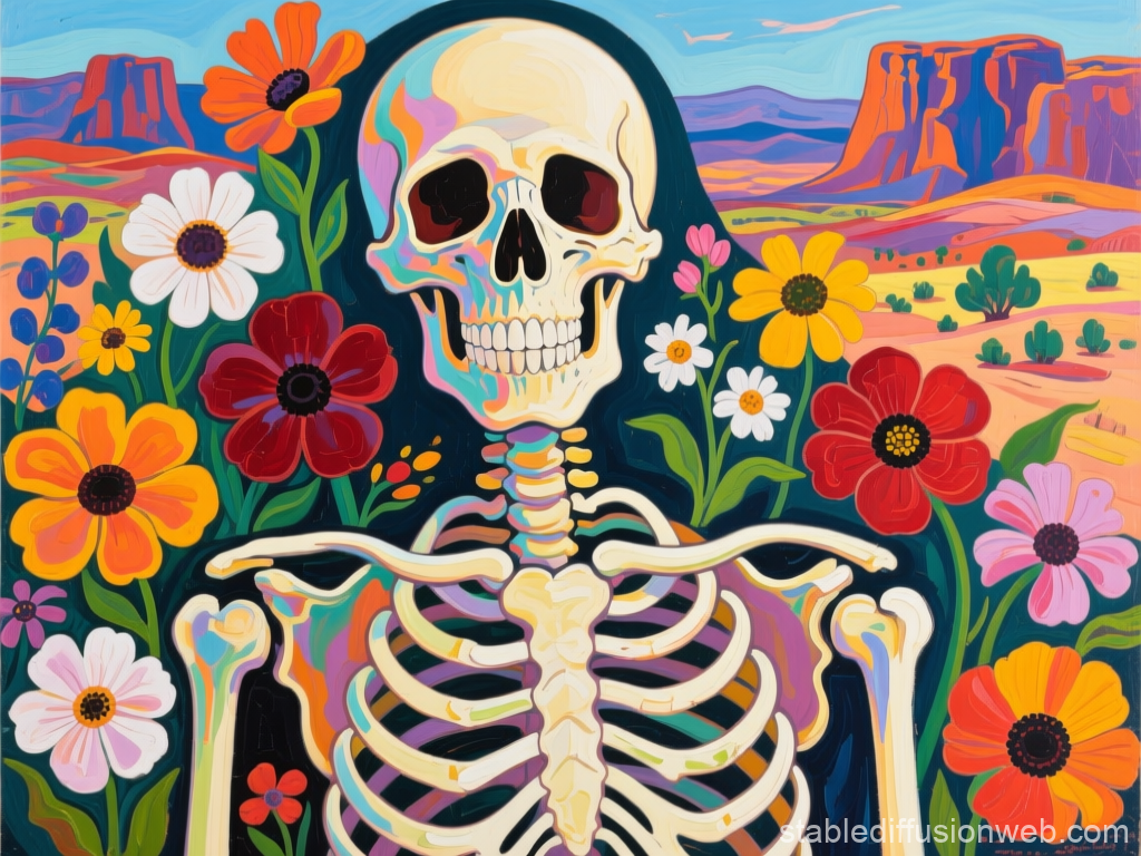 Euphoric Skeleton Surrounded by Vibrant Flowers in Desert Landscape
