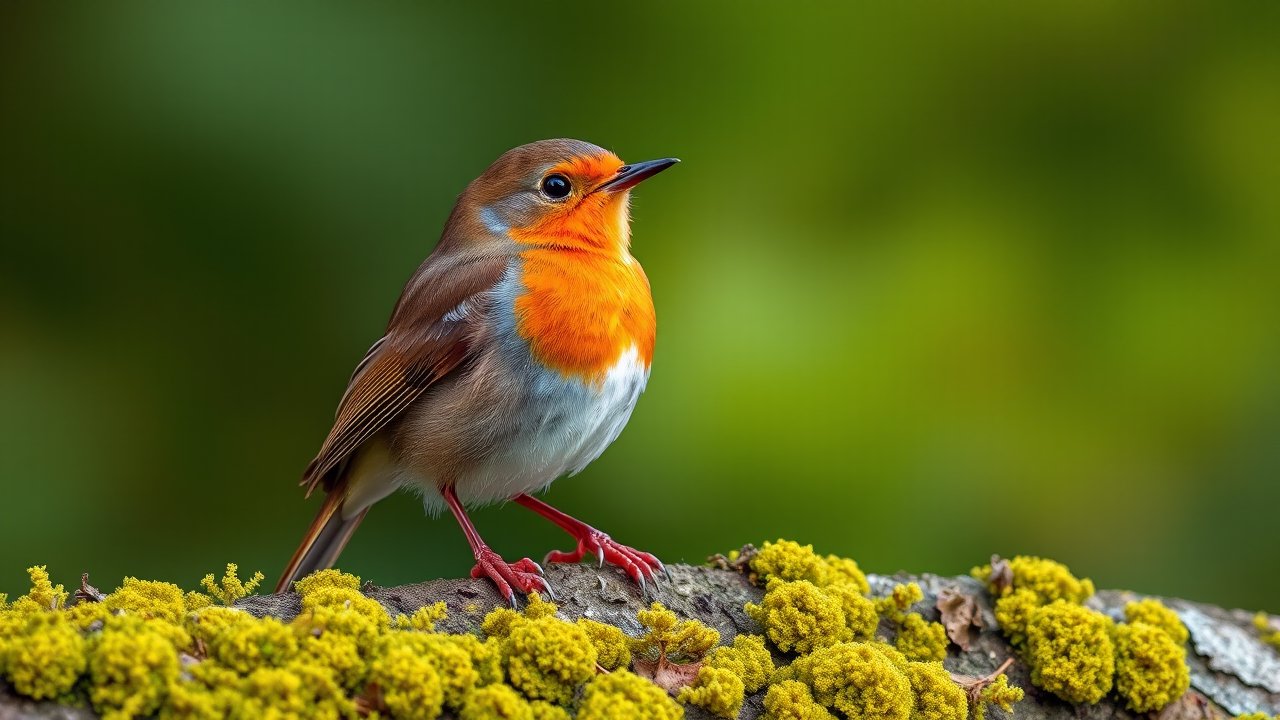 European Robin Perched on Mossy Branch