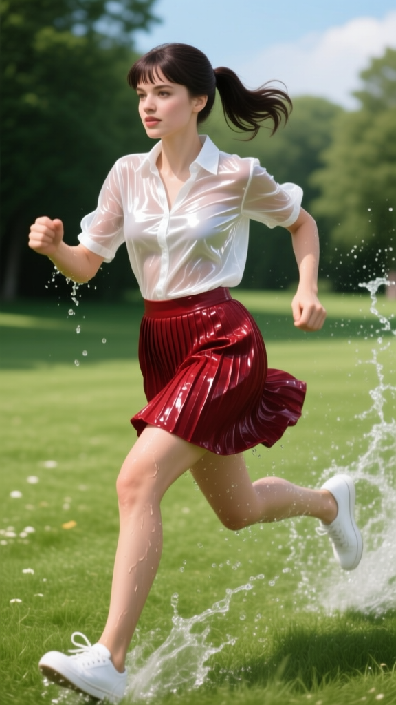 European Woman Running Through Water Splash in Park