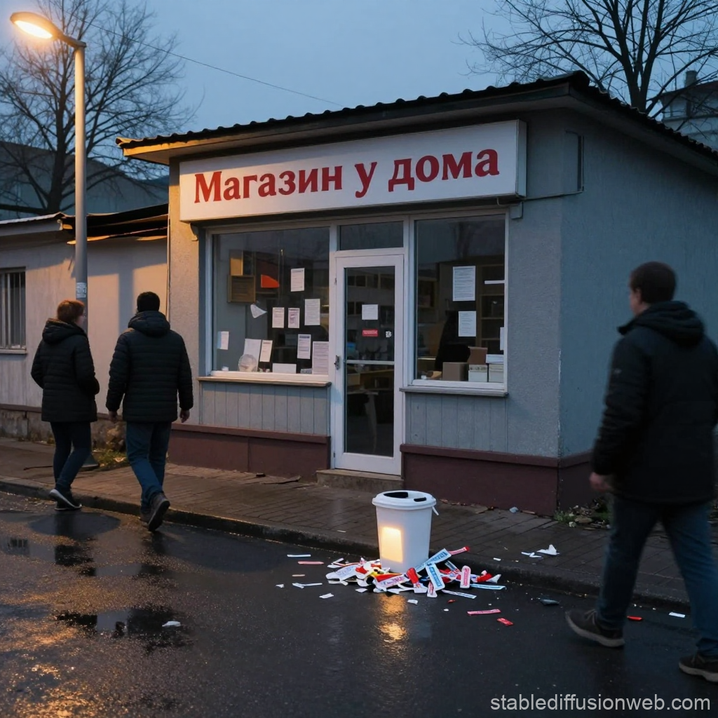 Evening Scene Outside a Small Local Store