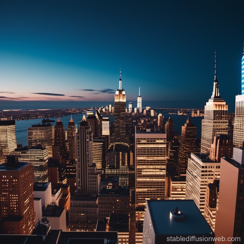 Evening Skyline of New York City with Illuminated Skyscrapers