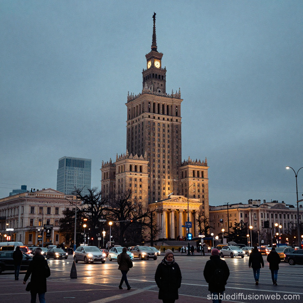 Evening View of the Palace of Culture and Science in Warsaw