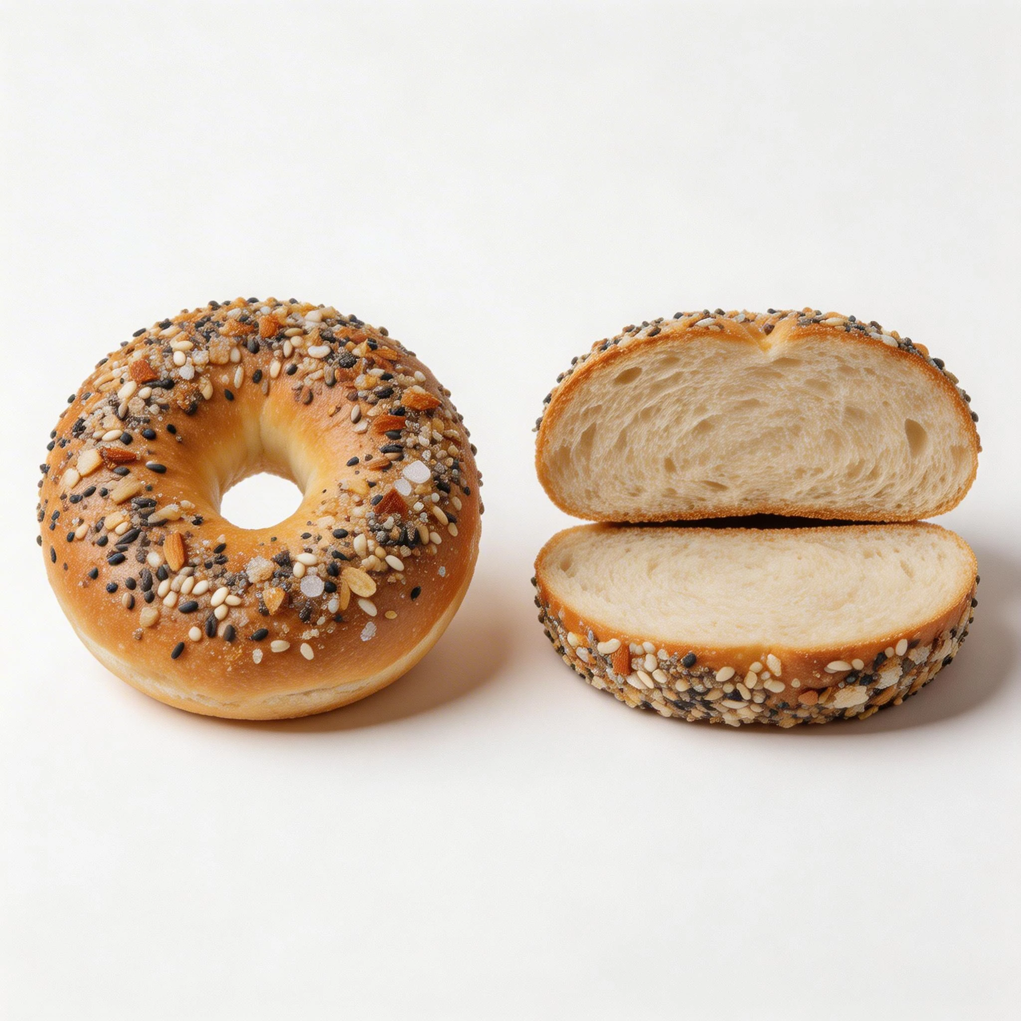 Everything Bagel Whole and Sliced on White Background