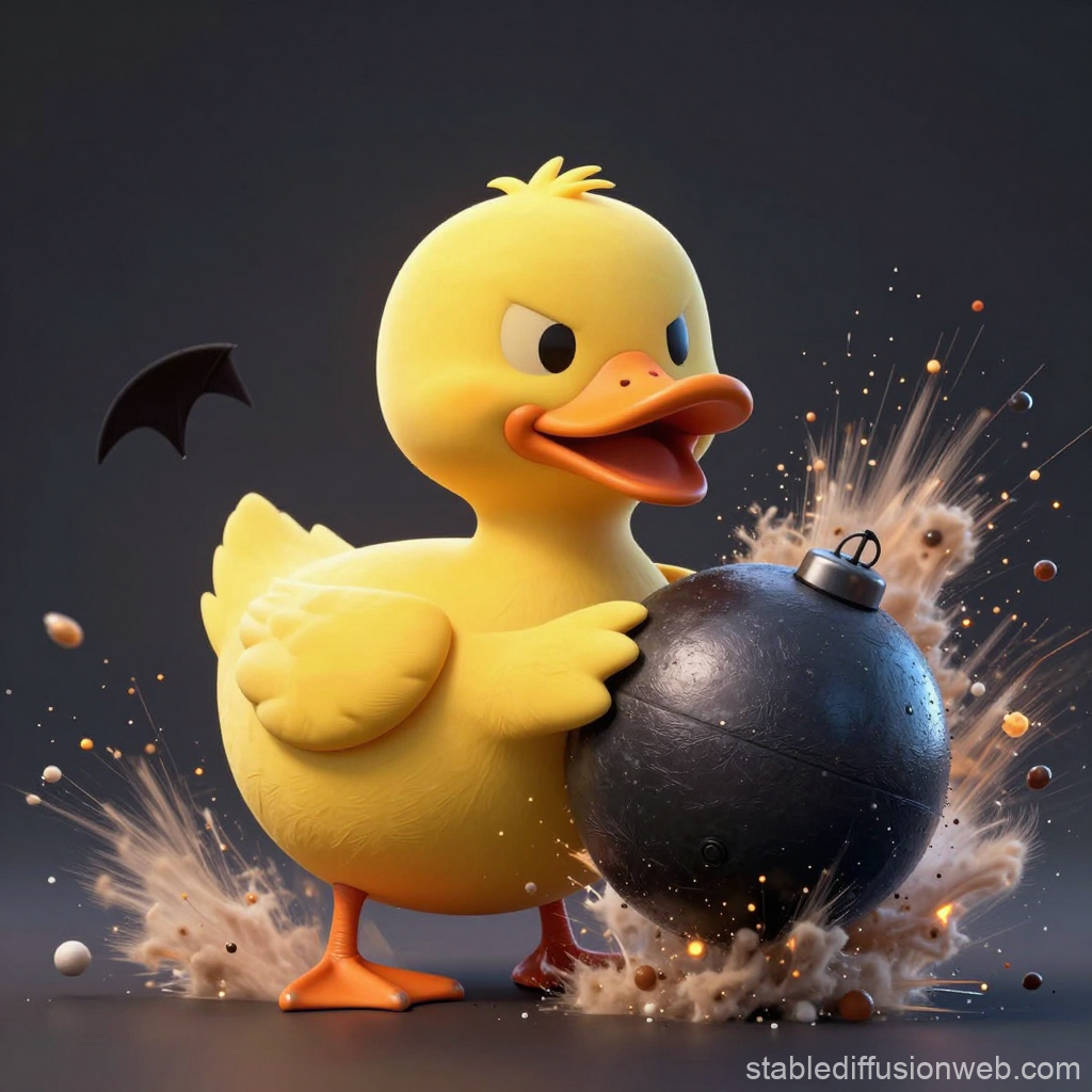 Evil Cartoon Duck Holding a Bomb with Explosive Effects