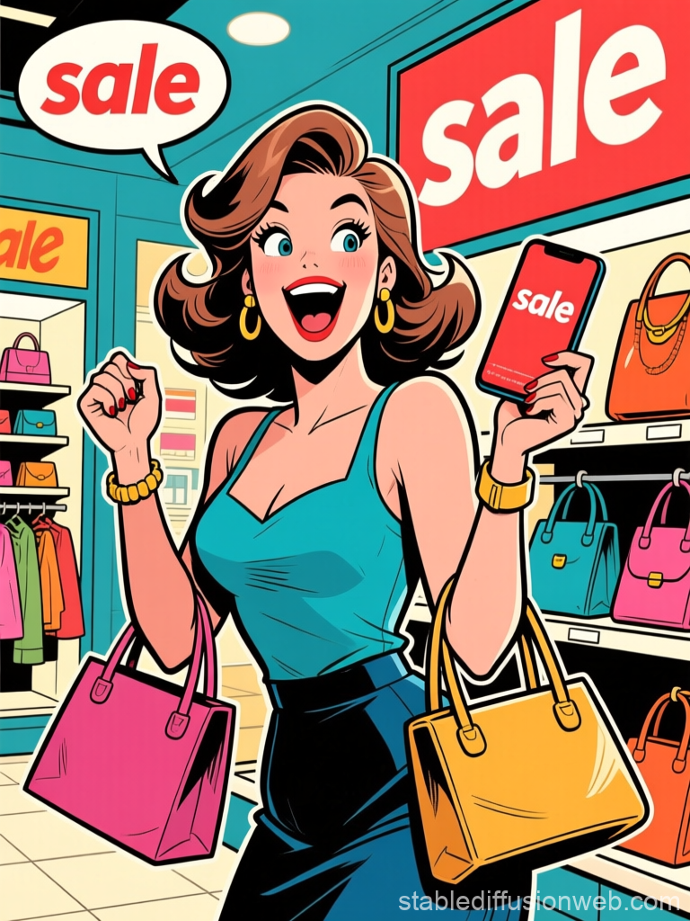 Excited Shopaholic Enjoying a Sale in Retro Pop Art Style