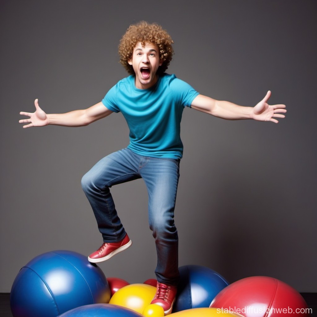 Excited Young Man Balancing on Colorful Balls