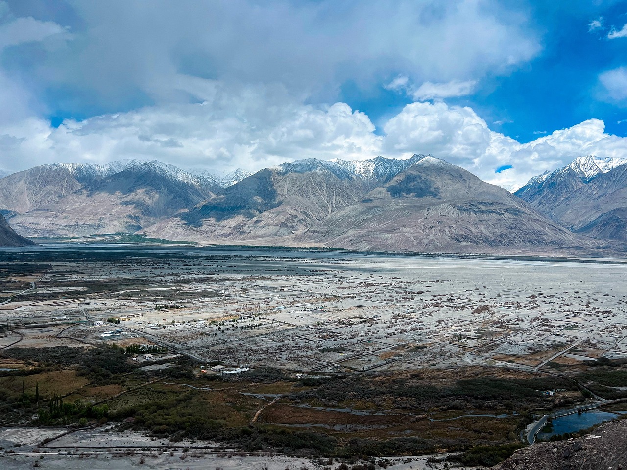 Expansive View of Hunder Valley with Himalayan Mountains