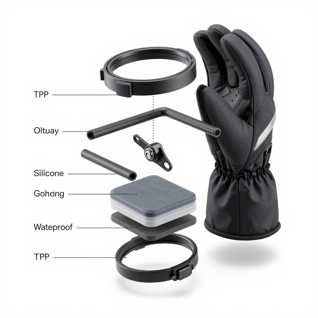 Exploded View of a Black Ski Glove with Component Labels
