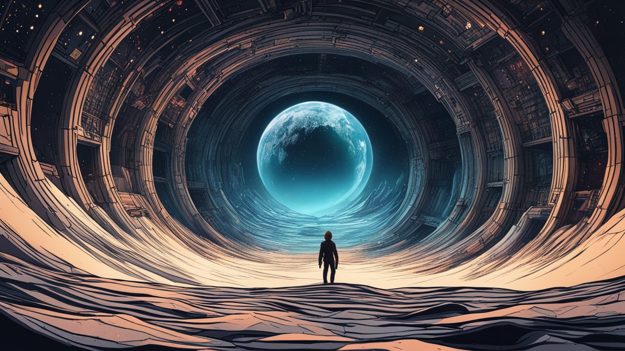Explorer Facing a Giant Moon Inside a Futuristic Tunnel