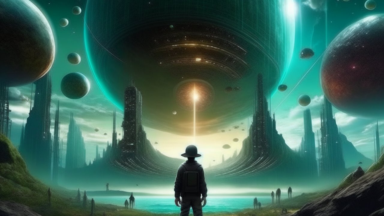 Explorer Facing a Massive Alien Structure in a Futuristic Landscape