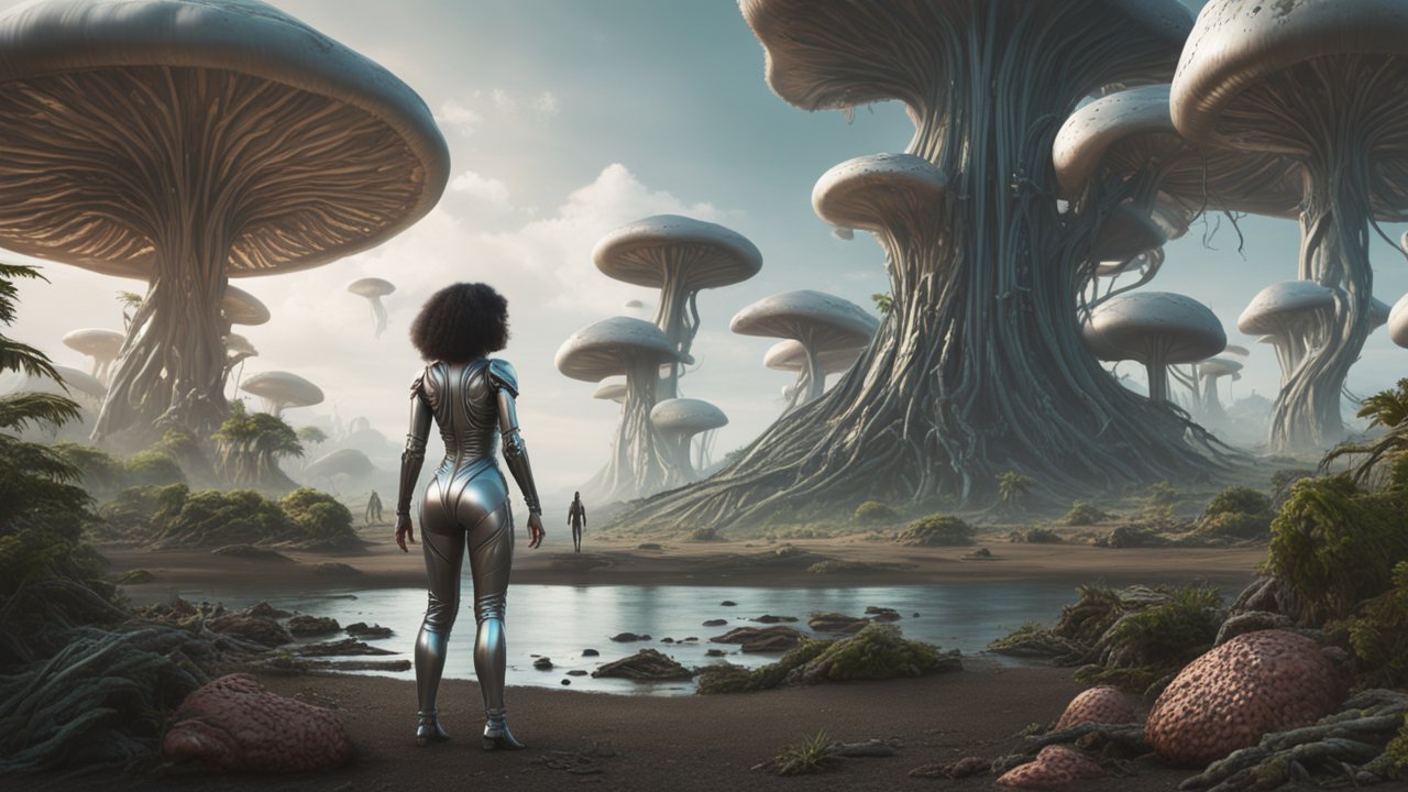 Explorer in Futuristic Landscape with Giant Mushrooms