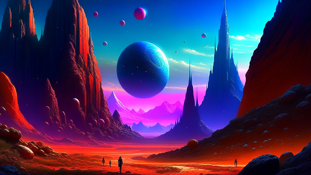 Explorers on a Vibrant Alien Planet with Multiple Moons