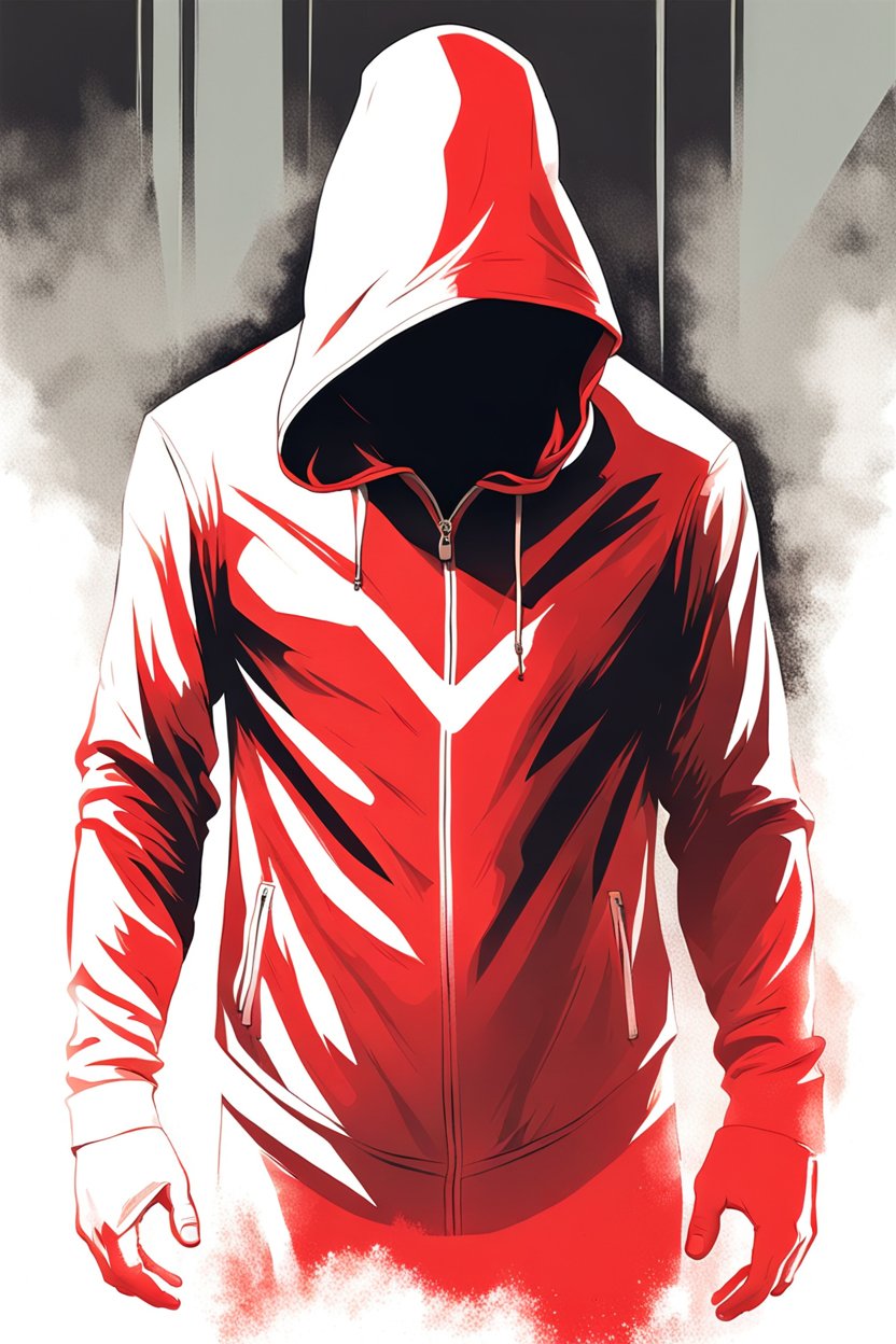 Faceless Hooded Figure in Red and White Jacket