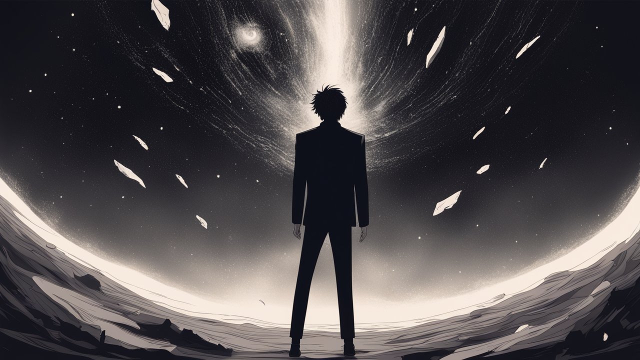 Faceless Man Facing Cosmic Vortex in Anime Style