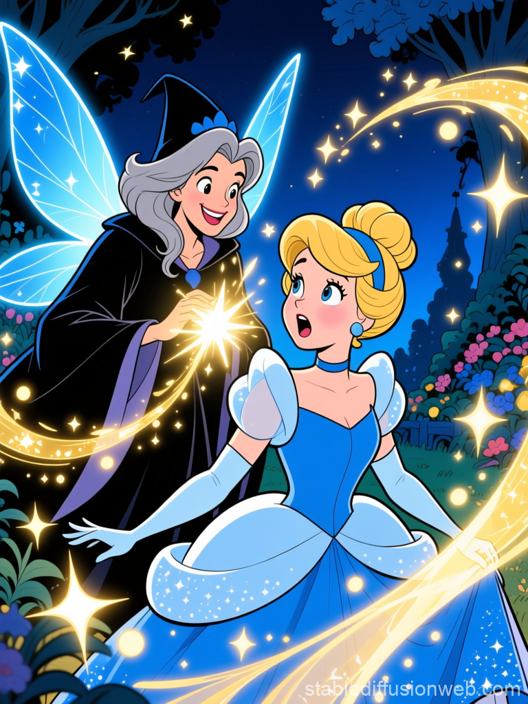 Fairy Godmother Casting Magic on Cinderella