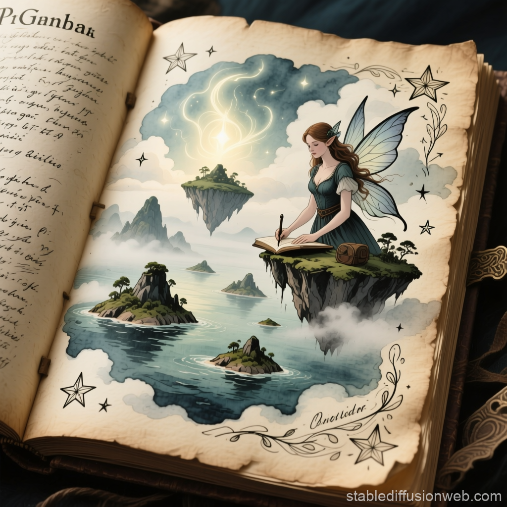 Fairy Writing on a Floating Island in a Magical Journal