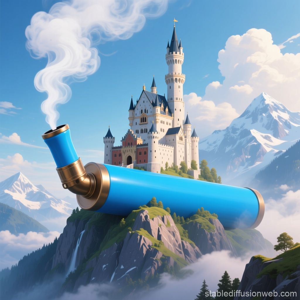 Fairytale Castle Emerging from Giant Vape Device on Mountain