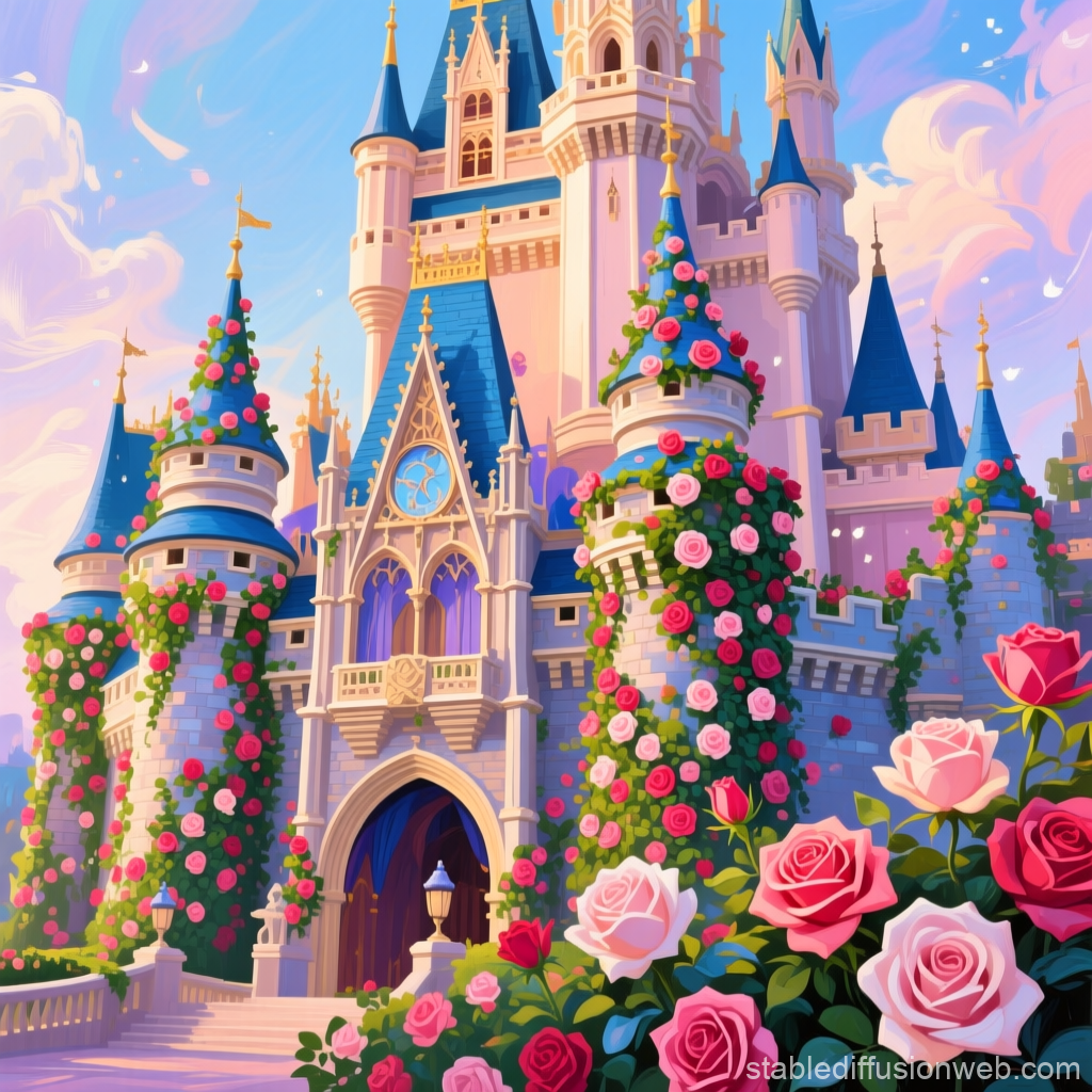 Fairytale Castle Overgrown with Roses at Sunset