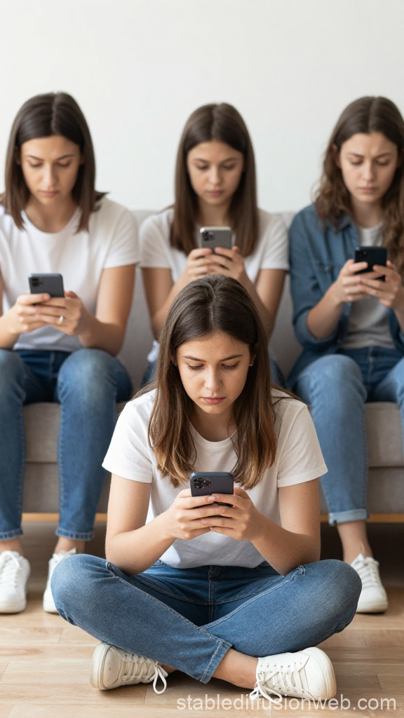 Family Disconnected by Phones in Modern Setting