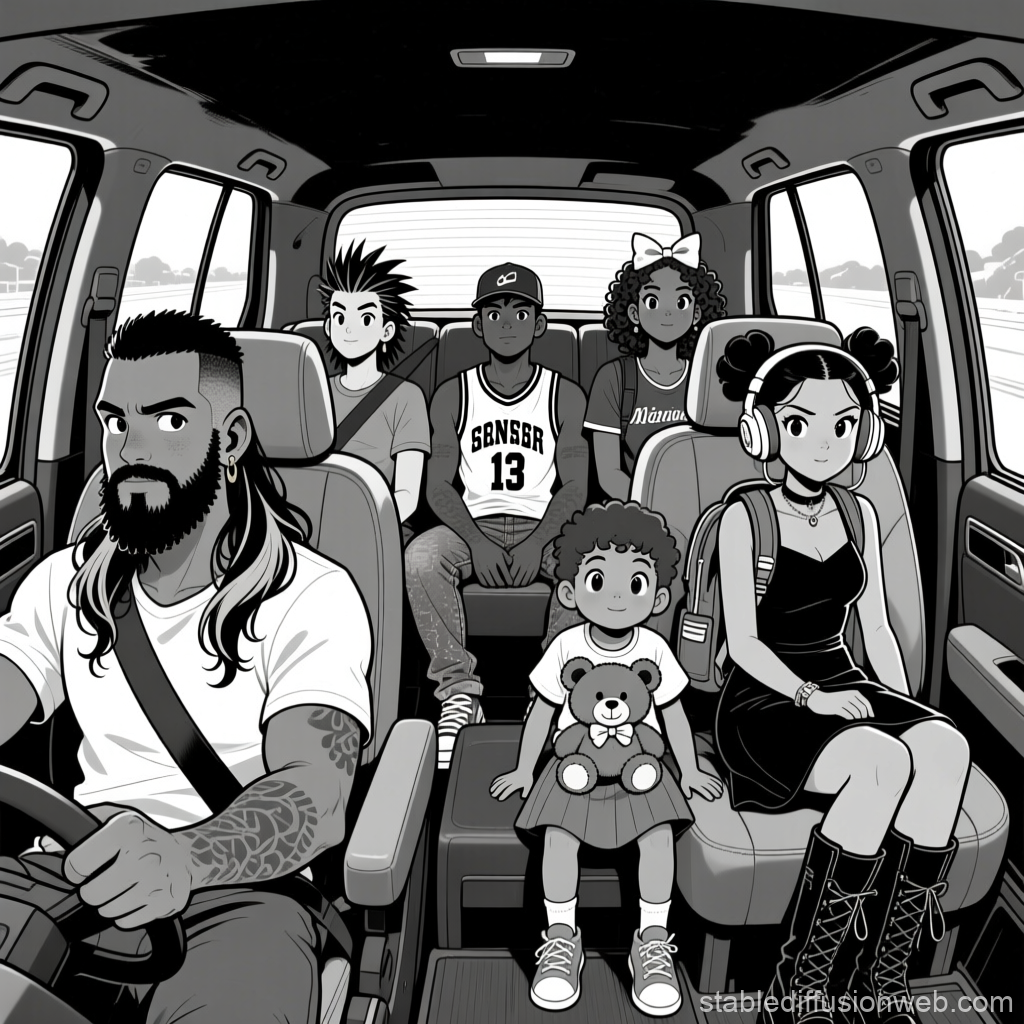 Family Road Trip Inside SUV in Manga Style