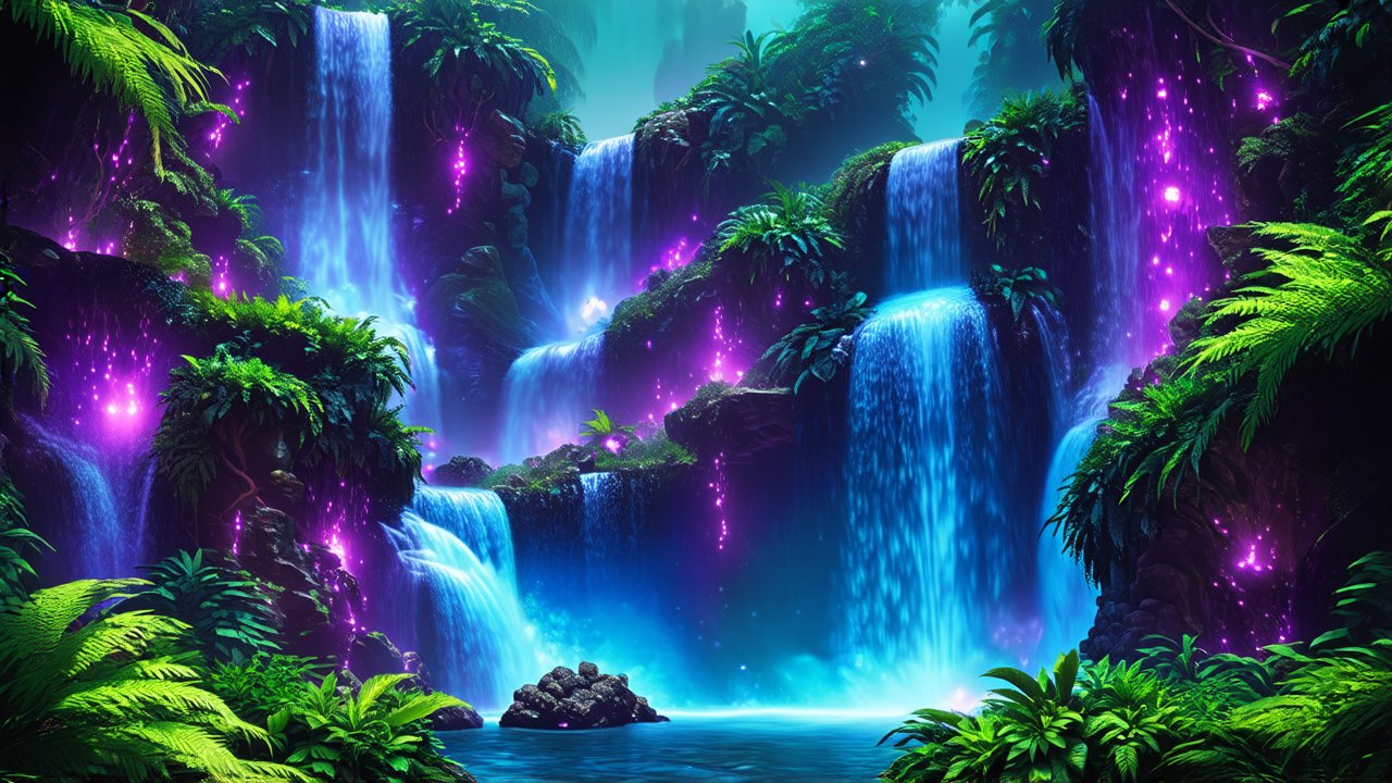 Fantastical Illuminated Waterfalls in a Lush Jungle