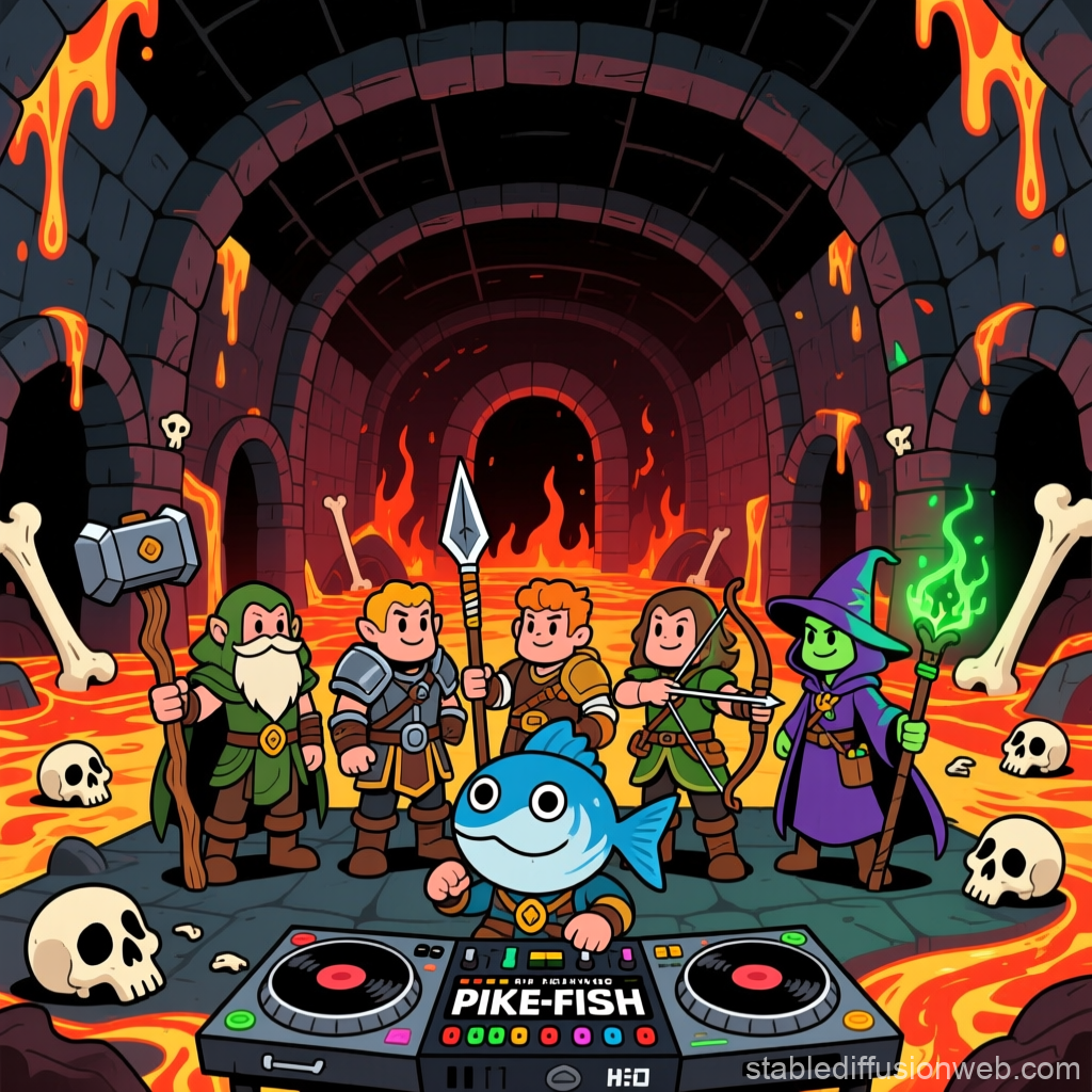 Fantasy Adventurers and DJ Pike-Fish in a Fiery Dungeon