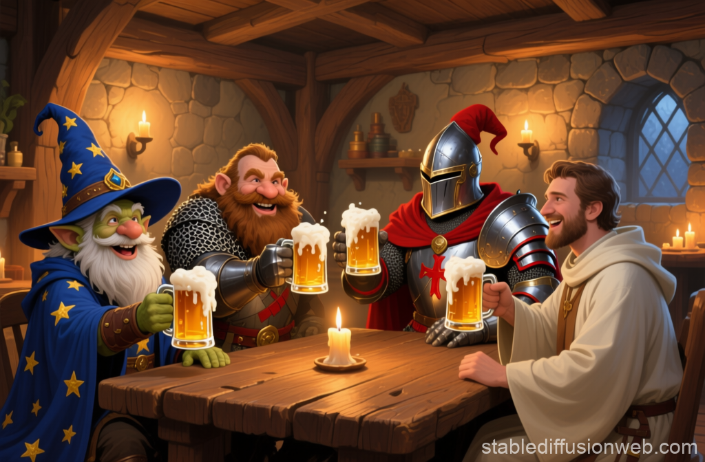 Fantasy Adventurers Toasting in a Cozy Tavern