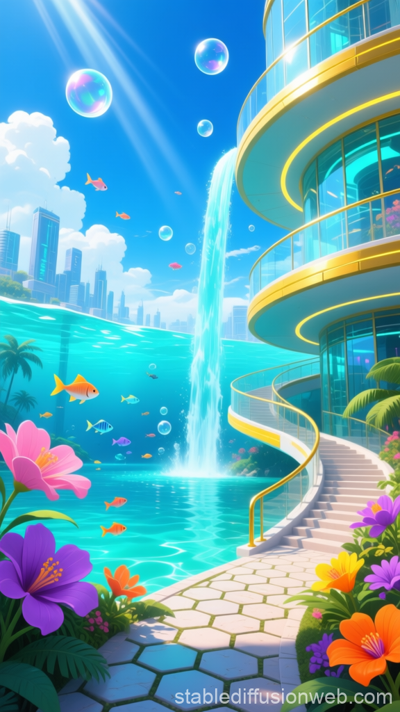 Fantasy Aqua Utopia City with Waterfall and Vibrant Flora