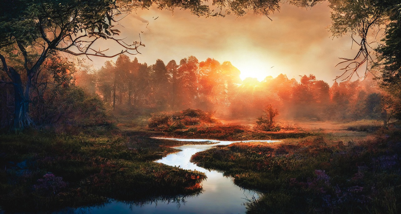 Fantasy Autumn Sunset Over Serene Forest Stream