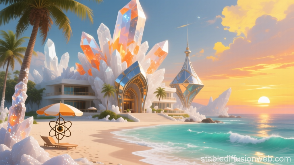 Fantasy Beach Resort with Giant Crystals at Sunset