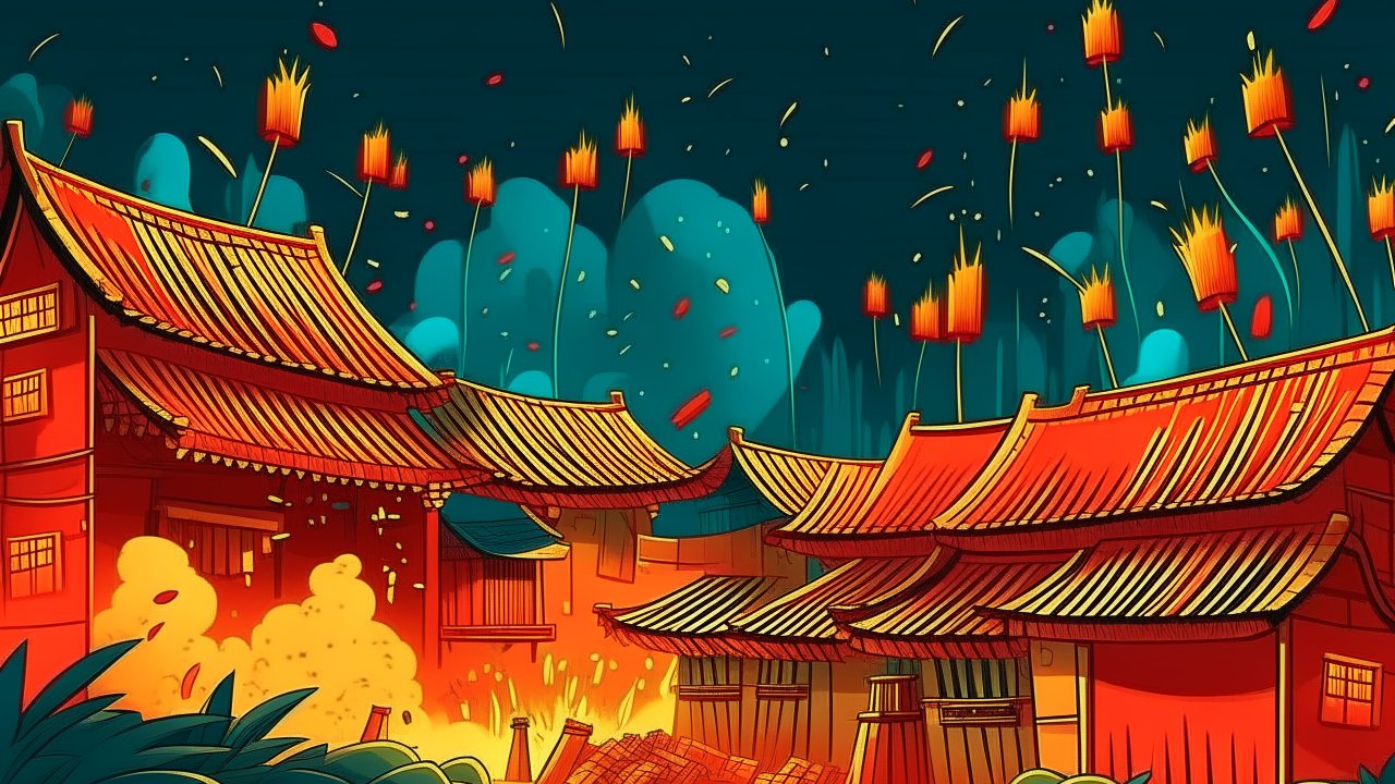 Fantasy Cartoon Illustration of Traditional Asian Village at Night