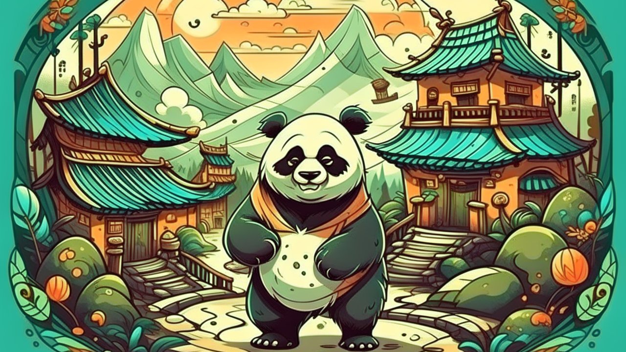 Fantasy Cartoon Panda in Asian Village Landscape
