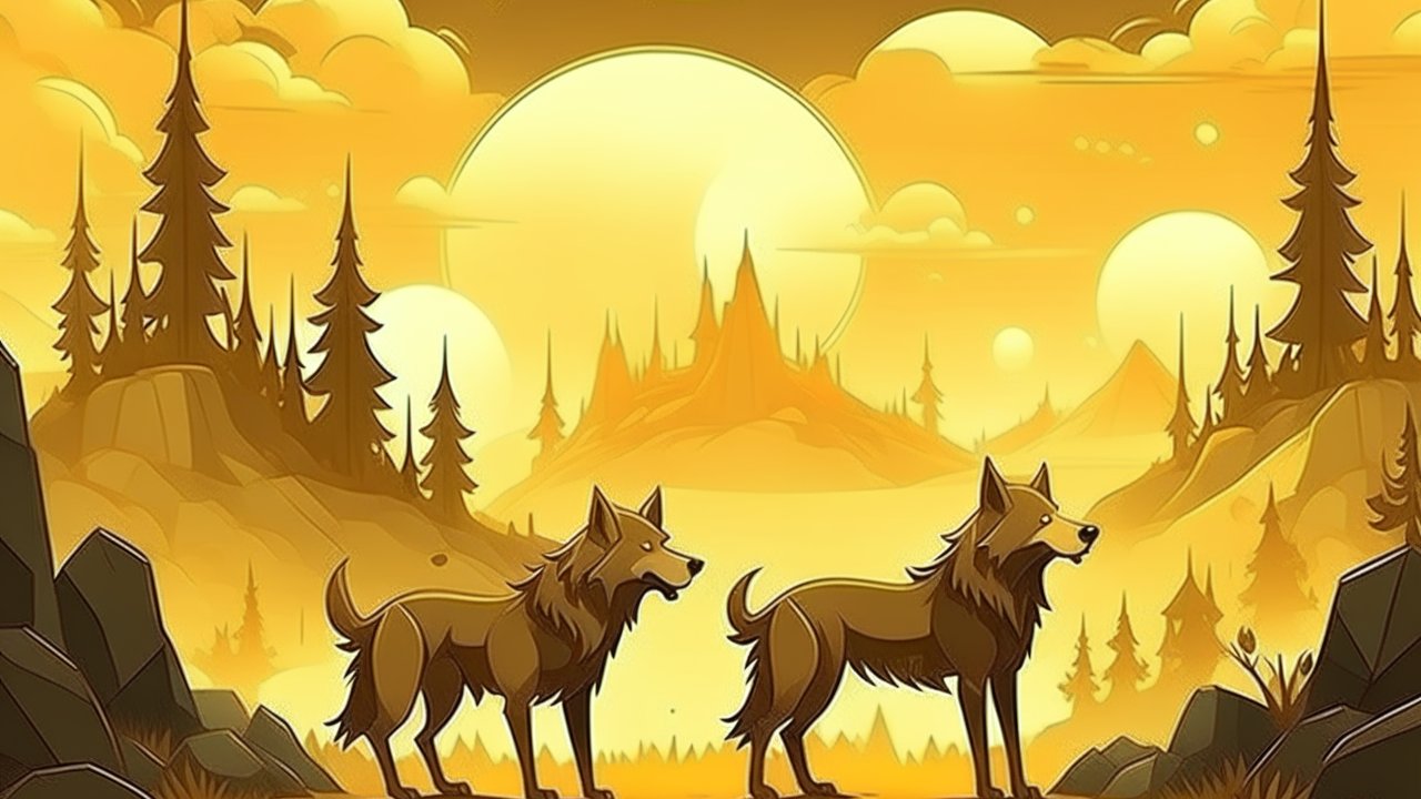 Fantasy Cartoon Wolves in a Mystical Forest Landscape
