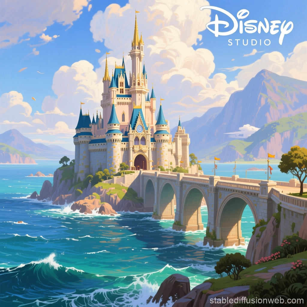 Fantasy Castle by the Sea with Bridge and Mountains