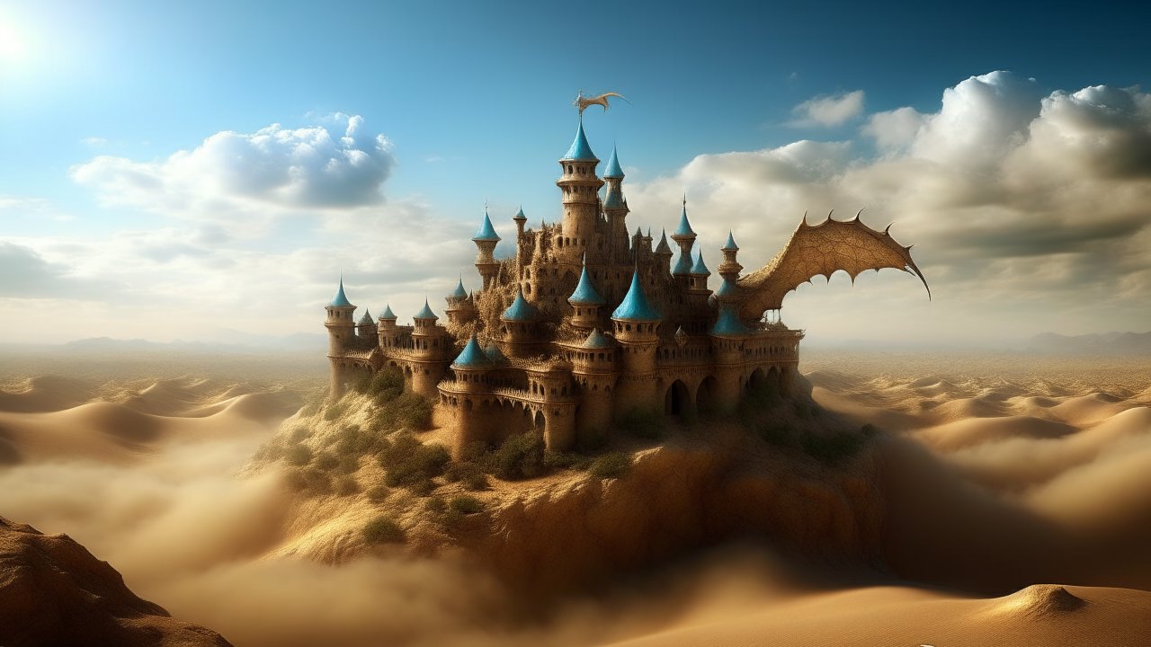 Fantasy Castle with Dragon Wings in Desert Landscape